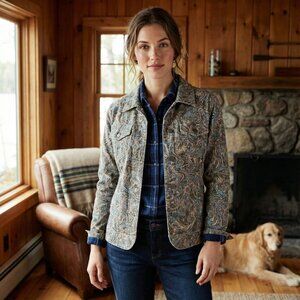 Analogy Paisley Print Denim Jacket XL Western Boho Snap Front Stretch Earthy 90s